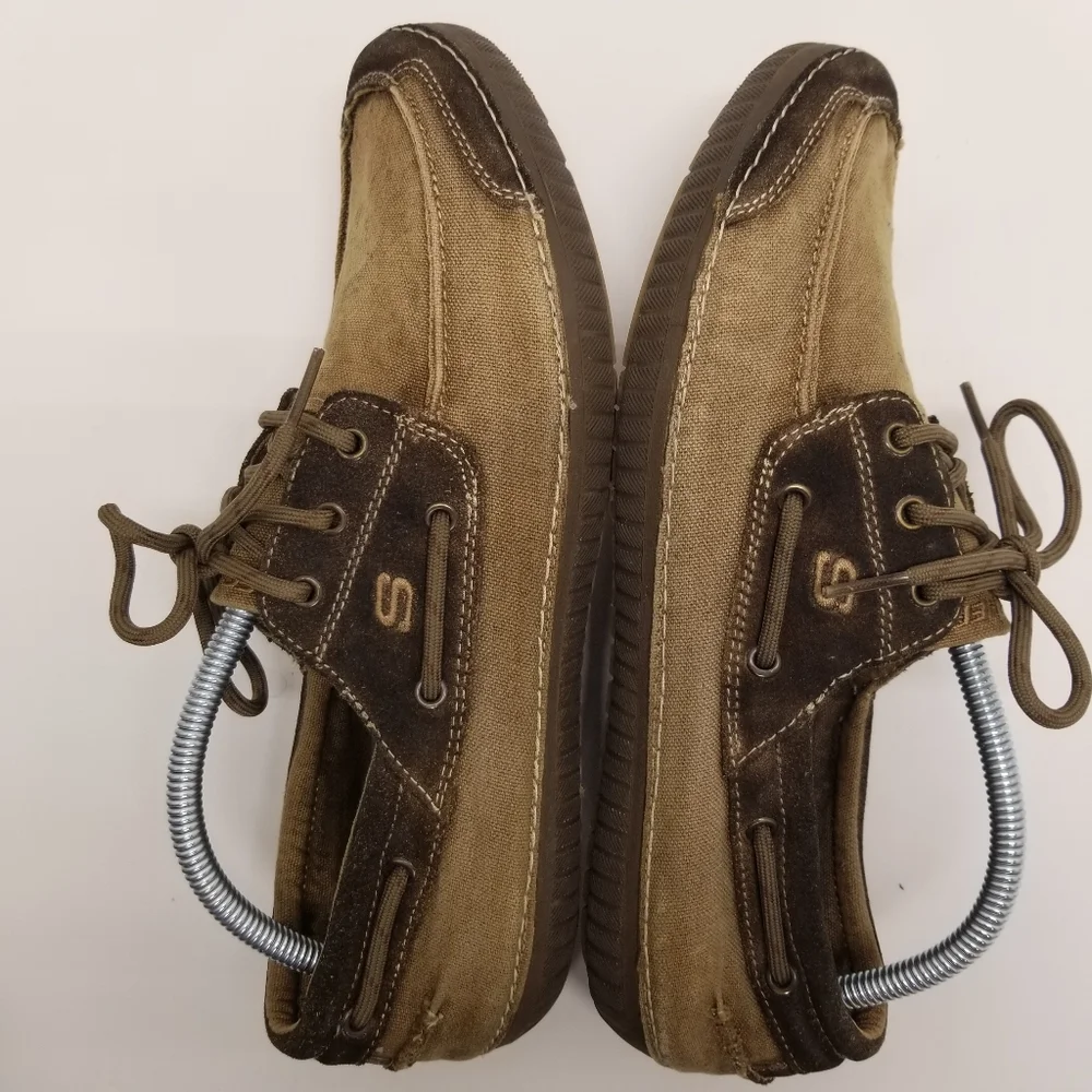 Sketchers Mens Size 10.5 Tan/Brown Textile Canvas Upper Loafer Lace Up Slip On